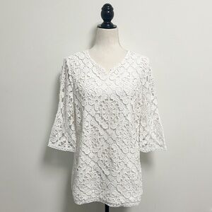 J Mclaughlin White Crochet Notch Neckline 3/4 Length Sleeve Linen Blend Tunic
